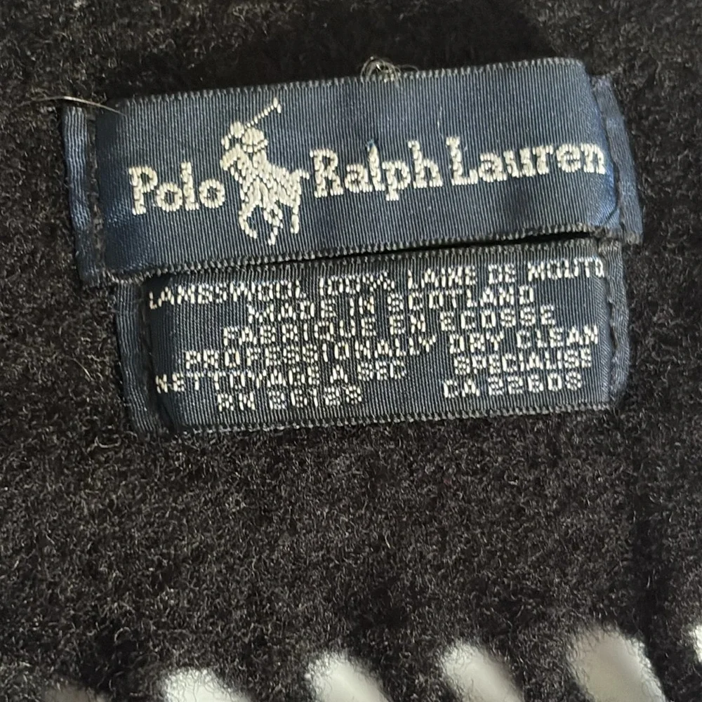 Polo Ralph Lauren Black Lambswool Made in Scotland Muffler Scarf 10” x 52”